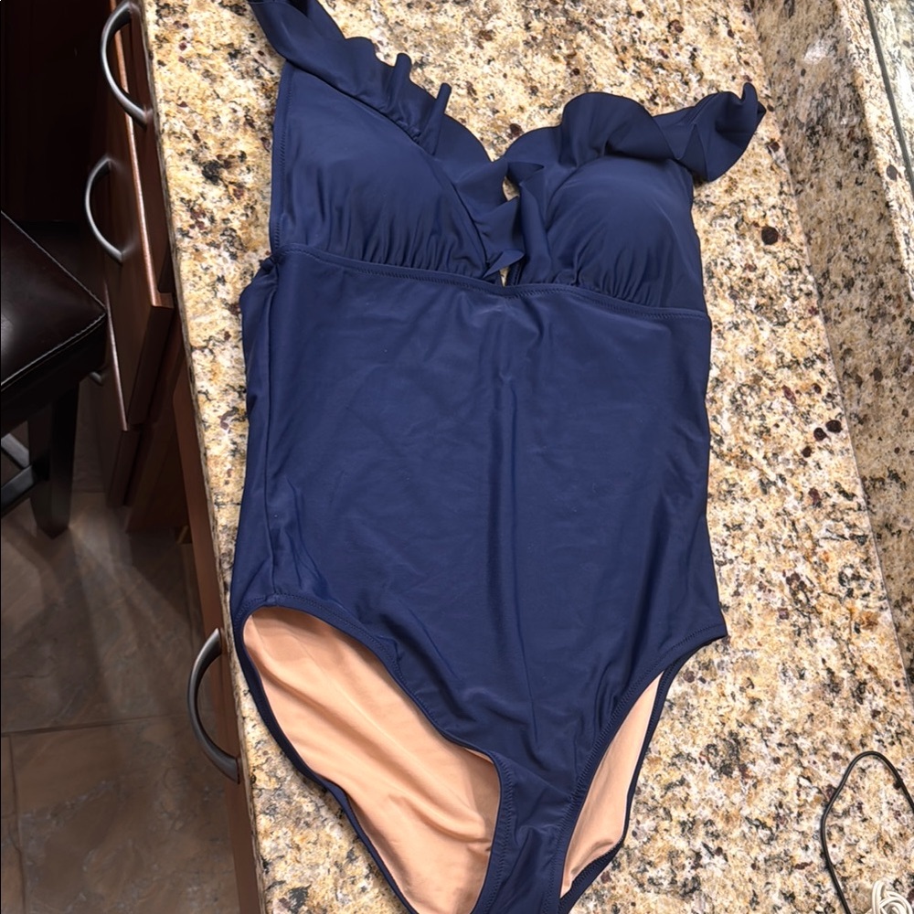 J crew Navy Blue Ruffle One-Piece Swimsuit